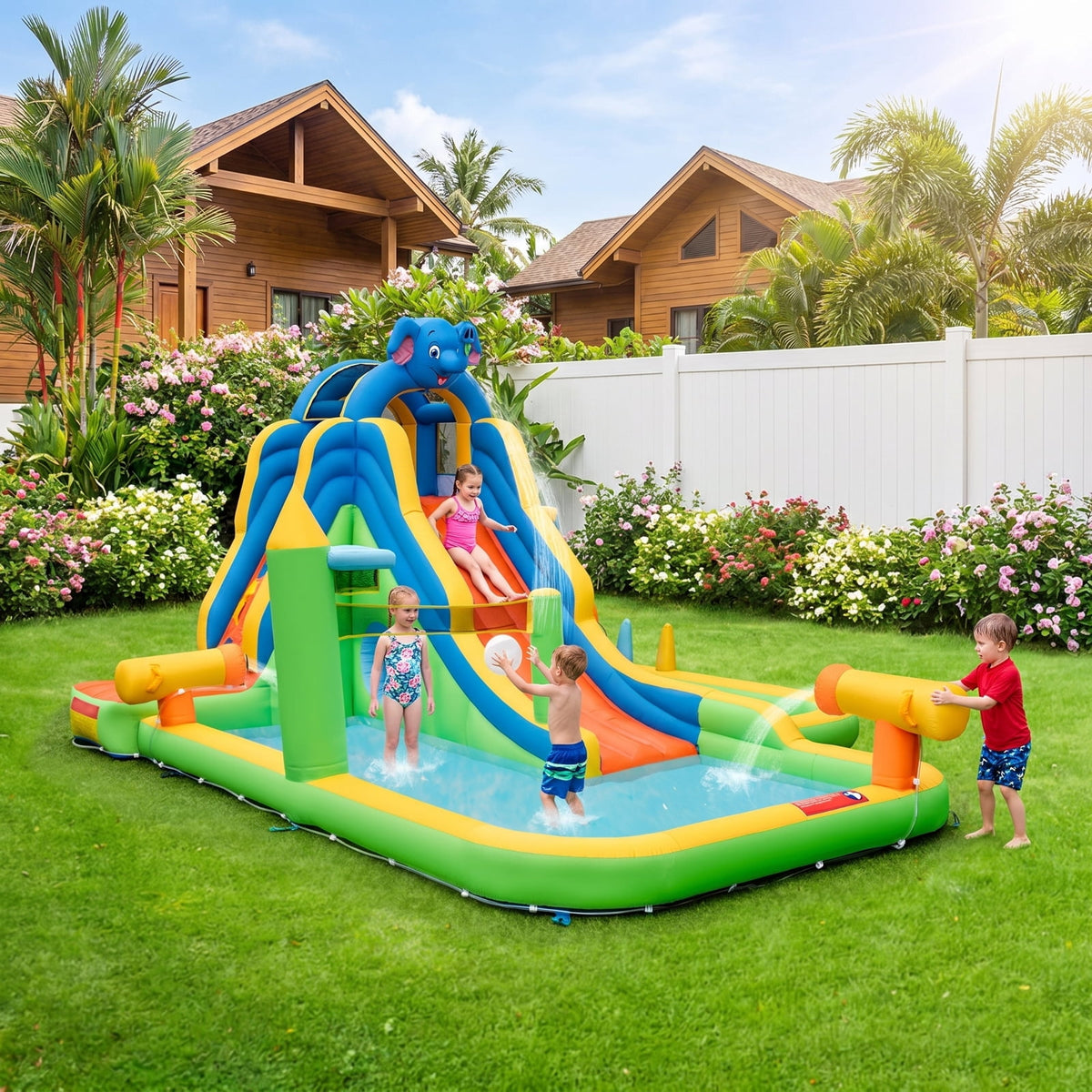 Redsmile Inflatable Water Slide with Splash Pool and Climbing Wall for Oudoor Indoor without Blower