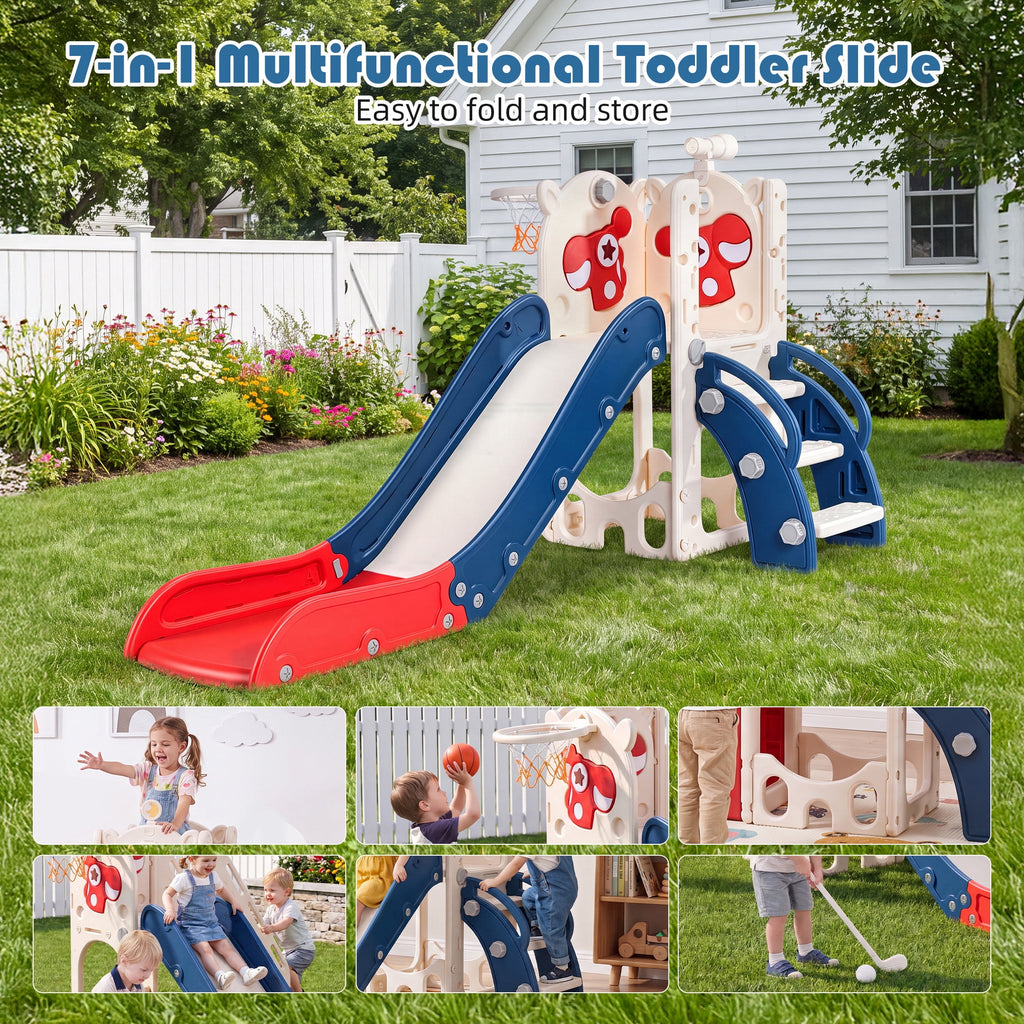 Redsmile 7-in-1 Toddler Slide with Climber and Basketball Hoop, Foldable Indoor Outdoor Kids Slide Playset with Golf Set
