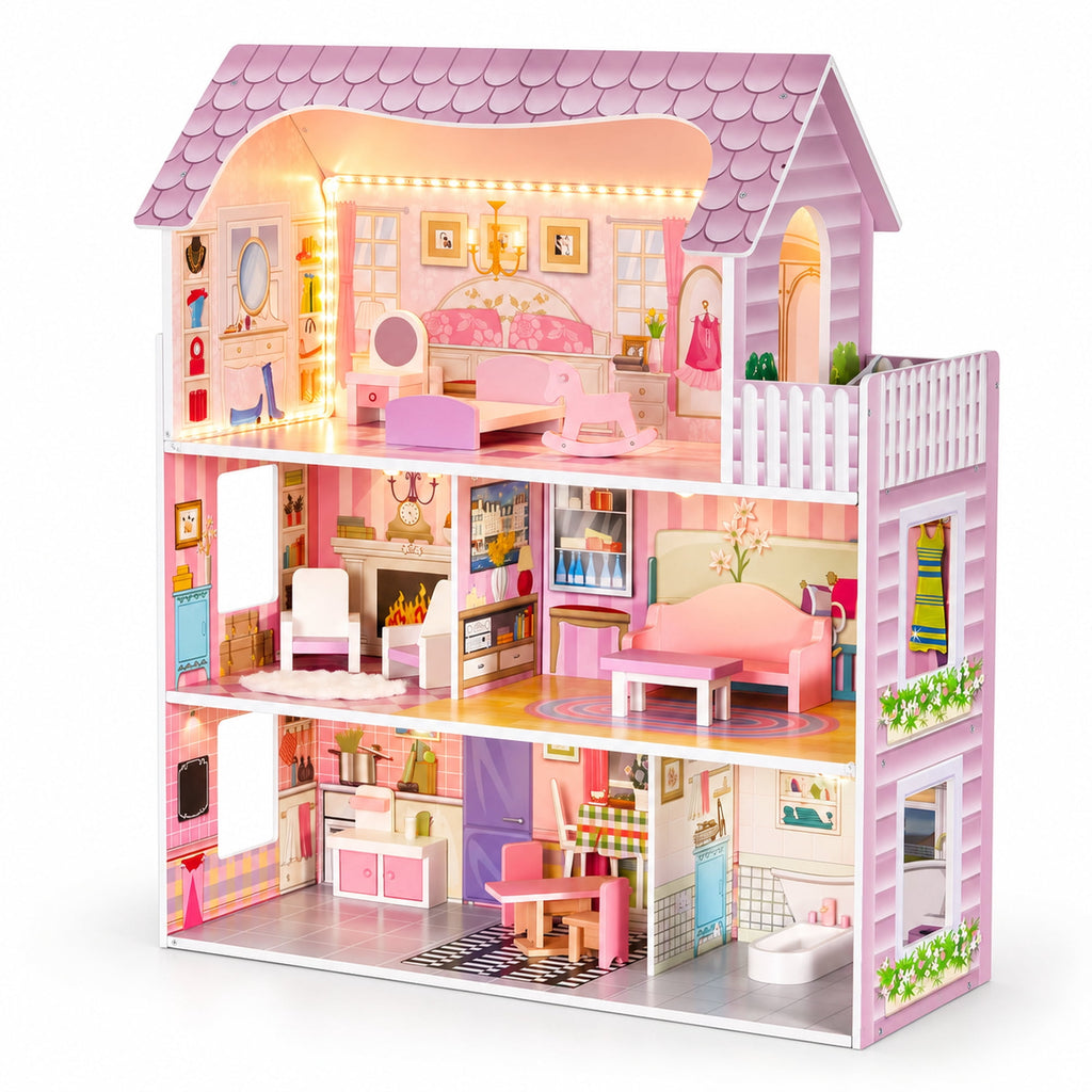 Redsmile Wooden Dollhouse with warm LED Lights, 3-Story Pretend Play Doll House with 16 Furniture and Accessories, DIY Princess Playhouse, Creative Gift for Girls