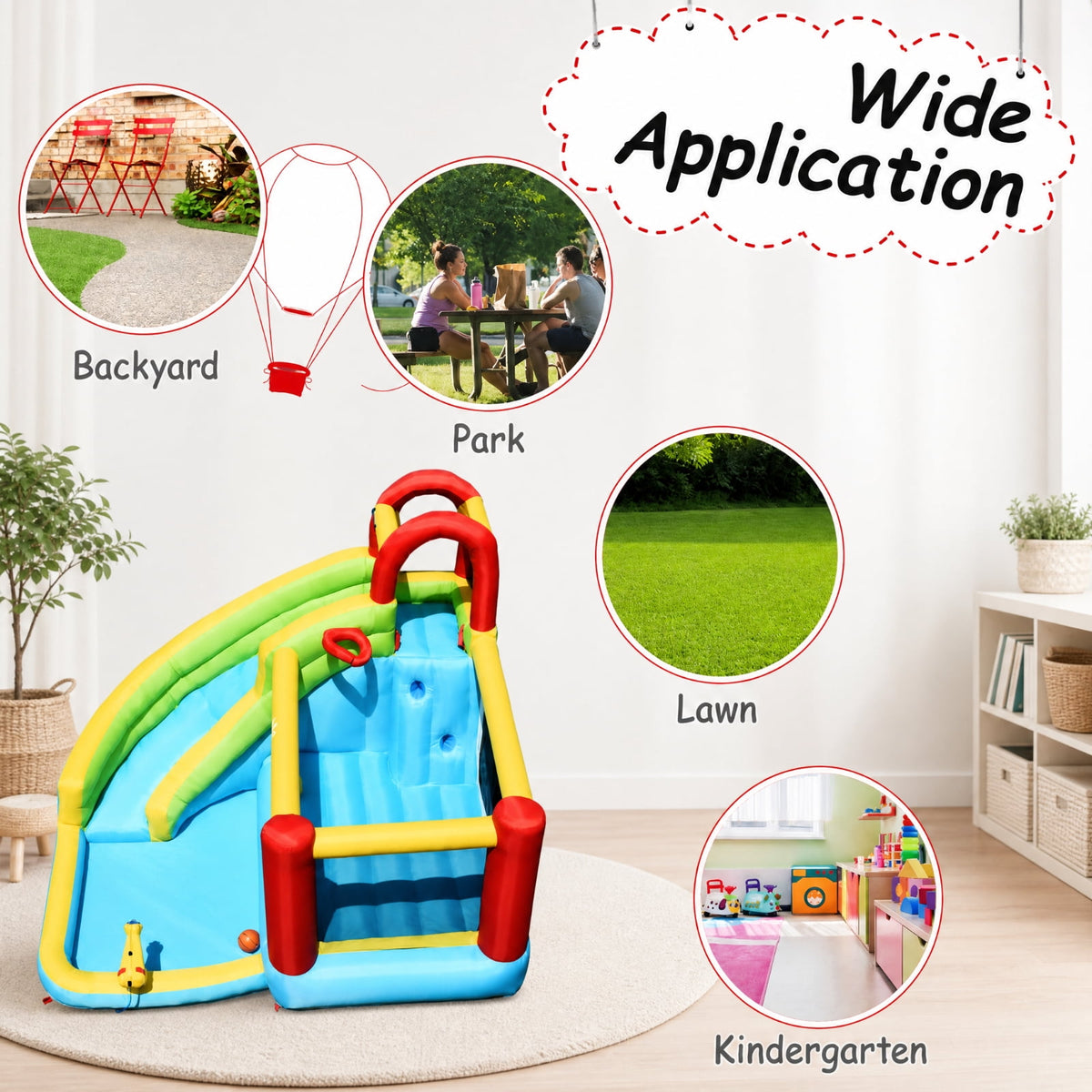 Redsmile 6-in-1 Inflatable Bounce House with Slide, Climbing Wall and Basketball Hoop, Backyard Water Slide for Kids, Splash Pool with Sprinkler for Boys Girls (Without Blower)