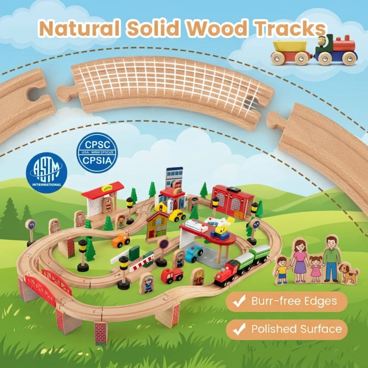 Redsmile 84-Piece Wooden Train Set with Reversible Tabletop and Storage Drawer, Train Set for Kids, Toy Train Set, Train Table with Storage for Toddlers Boys Girls, Christmas Gift, Natural