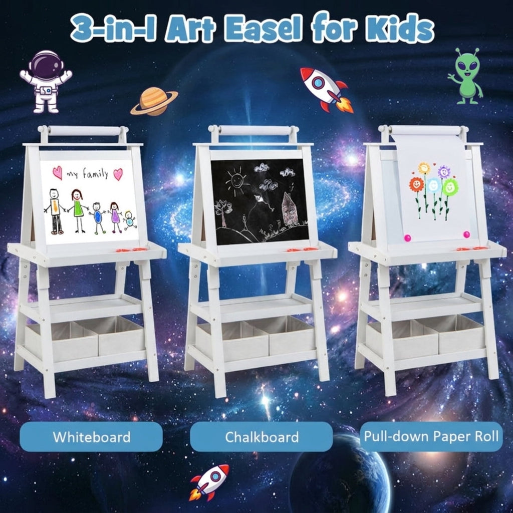 Redsmile 3-in-1 Kids Art Easel for Toddlers 3+ Years, Double-Sided Standing Easel with Whiteboard, Chalkboard and Paper Roll, Storage Shelves, Fabric Bins and Paint Cups, Christmas Gift, White