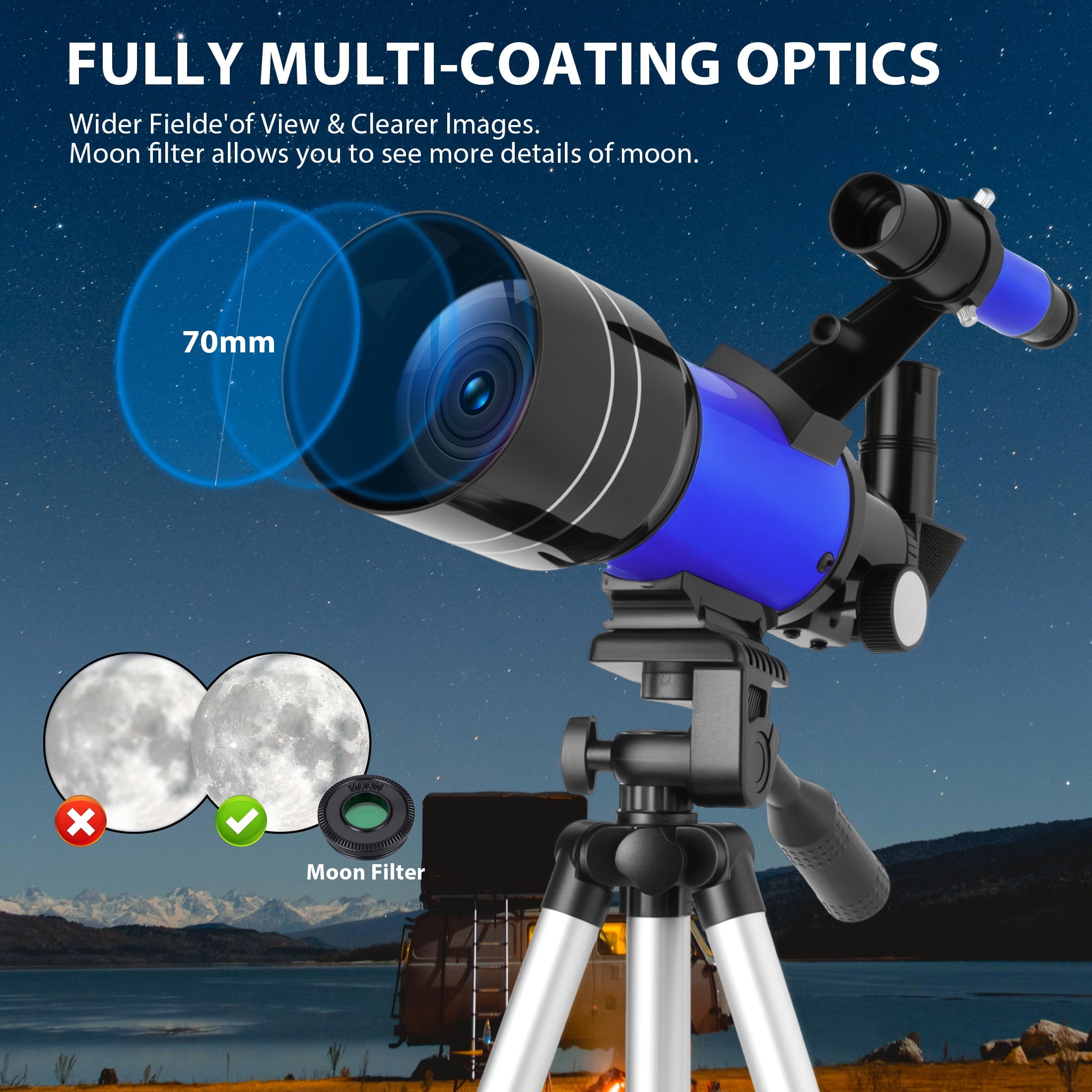 Redsmile Telescope for Kids Adults Beginners70mm Aperture 300mm Refractor Telescope with Tripod Phone Adapter and Barlow Lens20x to 150x Magnification for AstronomyBlue