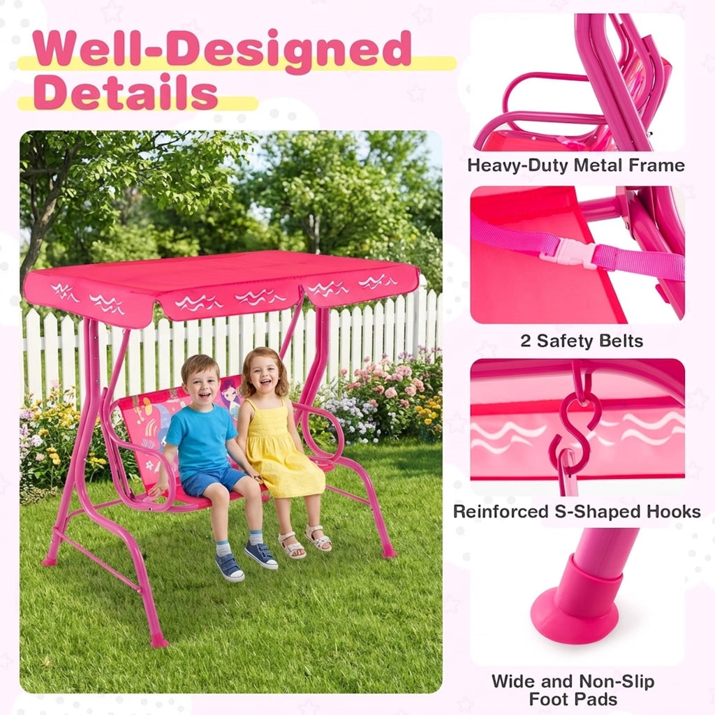 Redsmile 2-Seater Kids Patio Swing with Metal Stand and Adjustable Canopy - Pink - Backyard Play - Outdoor Fun