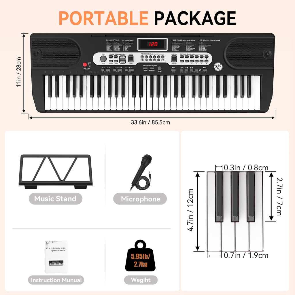 Redsmile 61 Key Piano Keyboard with Music Sheet Stand, Microphone, 200 Tones Rhythms