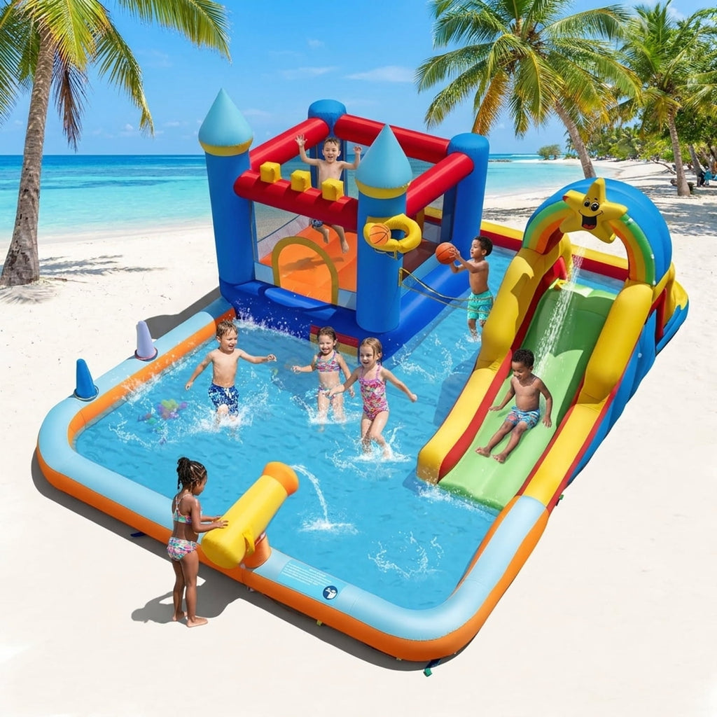 Redsmile Inflatable Water Slide Park Bouncy Castle with Climbing Wall, Backyard Water Slide with Splash Pool, Water Cannon and Basketball Rim for Kids Ages 3-12, with Blower