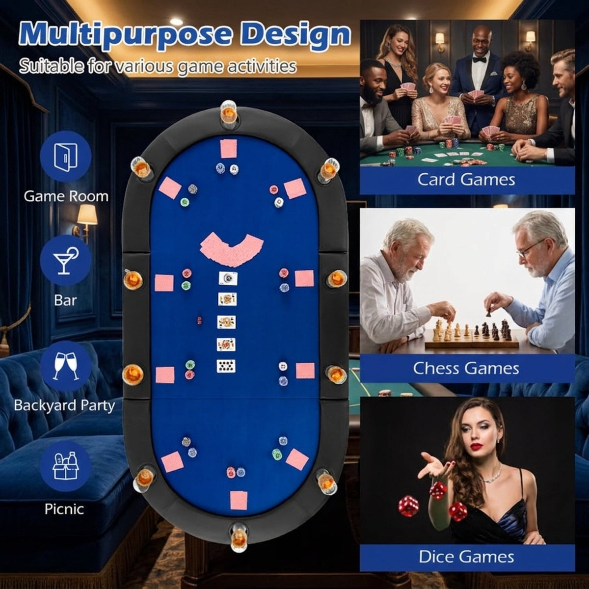 Redsmile 84 x 42 Inch 10-Player Foldable Poker Table Top, Portable Padded Card Game Table Topper with 10 Cup Holders and Carrying Bag, Folding Poker Table Top for Home Party, Blue