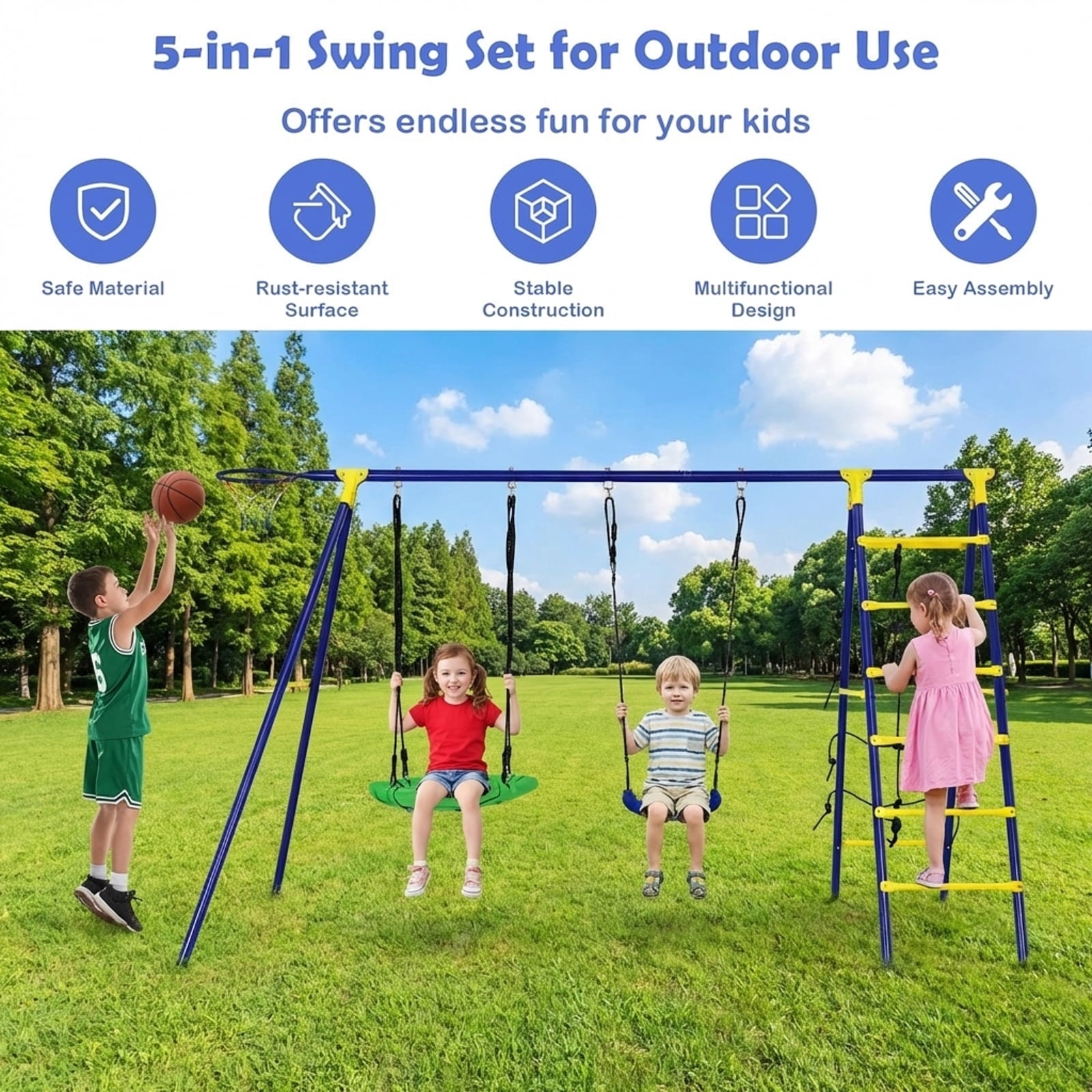 Redsmile 5-In-1 Outdoor Kids Swing Set with A-Shaped Metal Frame and Ground Stake - Blue - Backyard Play