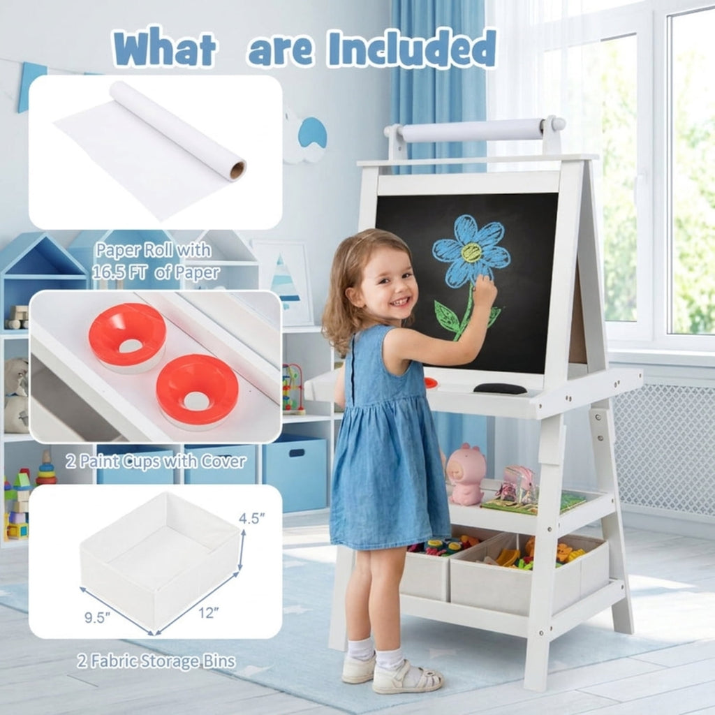 Redsmile 3-in-1 Kids Art Easel for Toddlers 3+ Years, Double-Sided Standing Easel with Whiteboard, Chalkboard and Paper Roll, Storage Shelves, Fabric Bins and Paint Cups, Christmas Gift, White