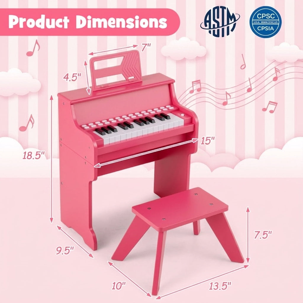 Redsmile 25-Key Kids Piano Keyboard with Wooden Cabinet and Music Stand for Kids and Toddlers Age 3 and Up to Start Learning, Pink