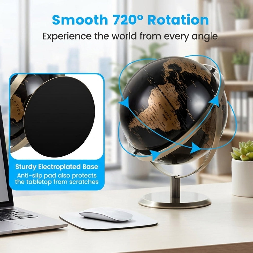 Redsmile 9-Inch World Globe with Metal Stand, Metallic Black Educational Desktop Globe with 720 Degree Rotation Time Dial and Anti-Slip Base, Geography Gift for Kids and Adults, Golden