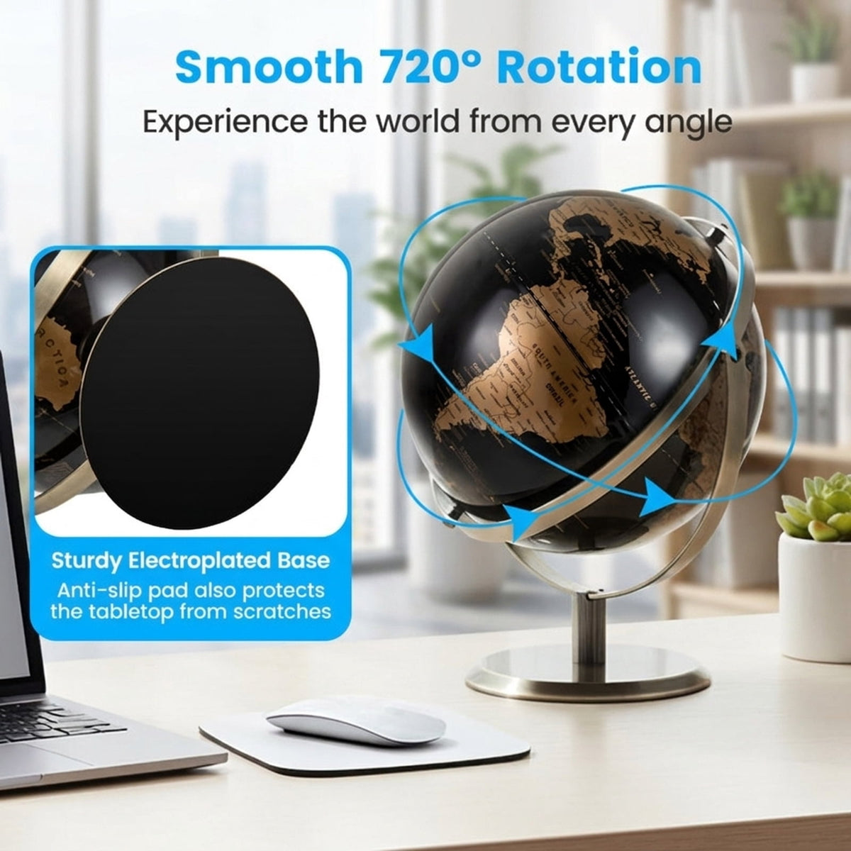 Redsmile 9-Inch World Globe with Metal Stand, Metallic Black Educational Desktop Globe with 720 Degree Rotation Time Dial and Anti-Slip Base, Geography Gift for Kids and Adults, Golden