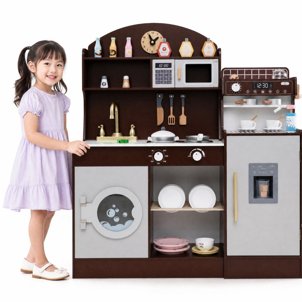 Redsmile Wooden Kids Kitchen Set for Toddlers 3+ Years, Pretend Play Kitchen with Coffee Maker, Ice Maker and 27 Accessories, Toddler Kitchen Playset with Ample Storage, Christmas Gift, Coffee
