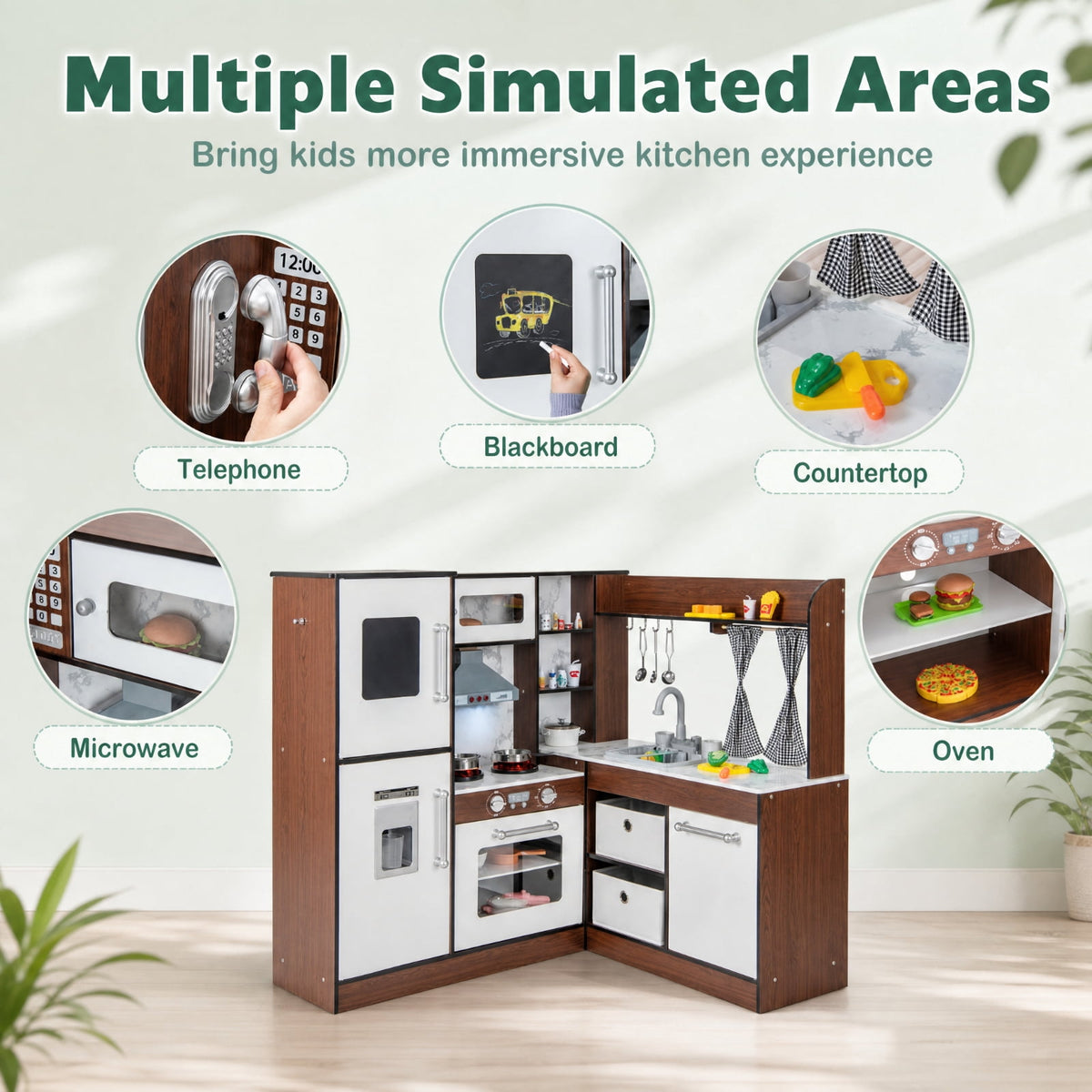 Redsmile Wooden Corner Play Kitchen Set for Toddlers 3+ Years, Pretend Play Kitchen with Water Circulation System, 360 Faucet, Sound and Light Range Hood, Ice Maker and Fabric Bins, Brown