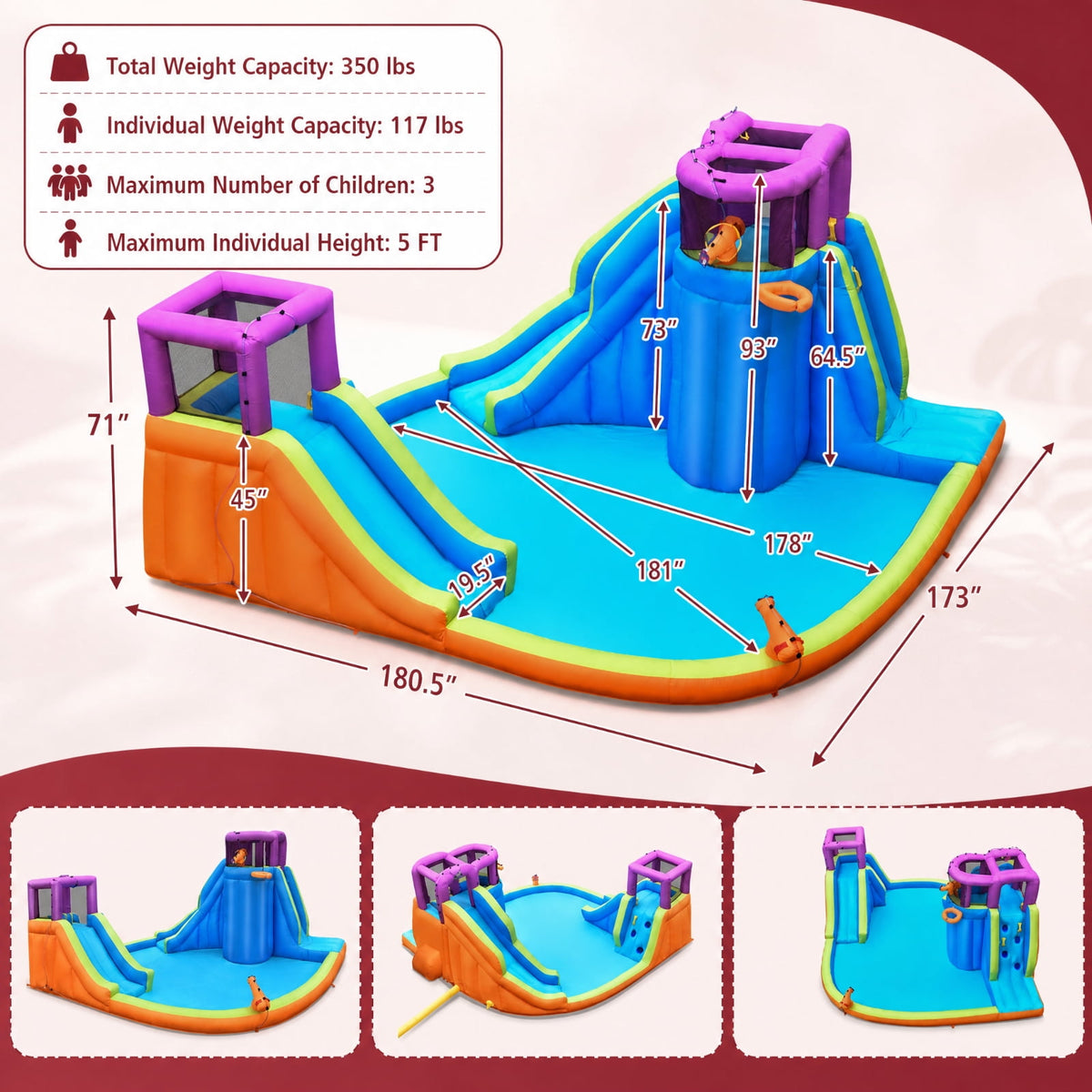Redsmile 6-in-1 Inflatable Dual Water Slide Bounce House, Backyard Water Slide with 4 Sprayers, 2 Water Guns and Basketball Hoop for Kids Ages 3-10, ASTM Outdoor Fun (Without Blower)