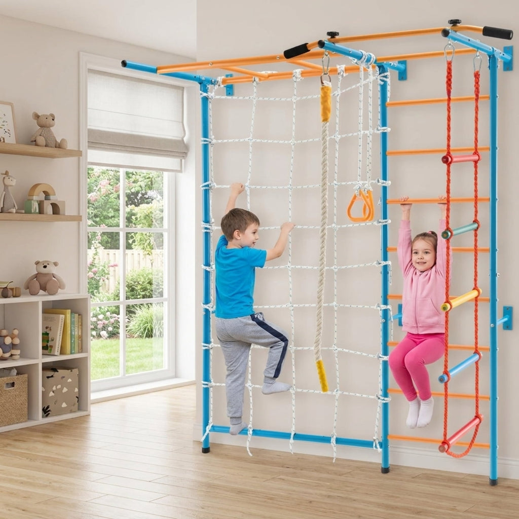 Redsmile Indoor Gym for Kids, 7-in-1 Swedish Wall Climbing Set with Pull-Up Bar and Ladder, Wall-Mounted Home Playground, Yellow