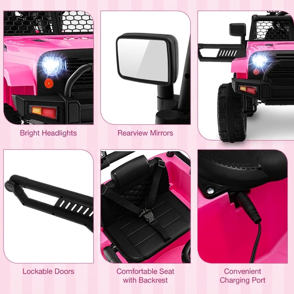 Redsmile 12V Kids Ride On Truck with Parental Remote Control, Battery Powered Electric Pickup with LED Headlights, Seat Belt, Lockable Doors, USB AUX, Spring Suspension Wheels, Pink