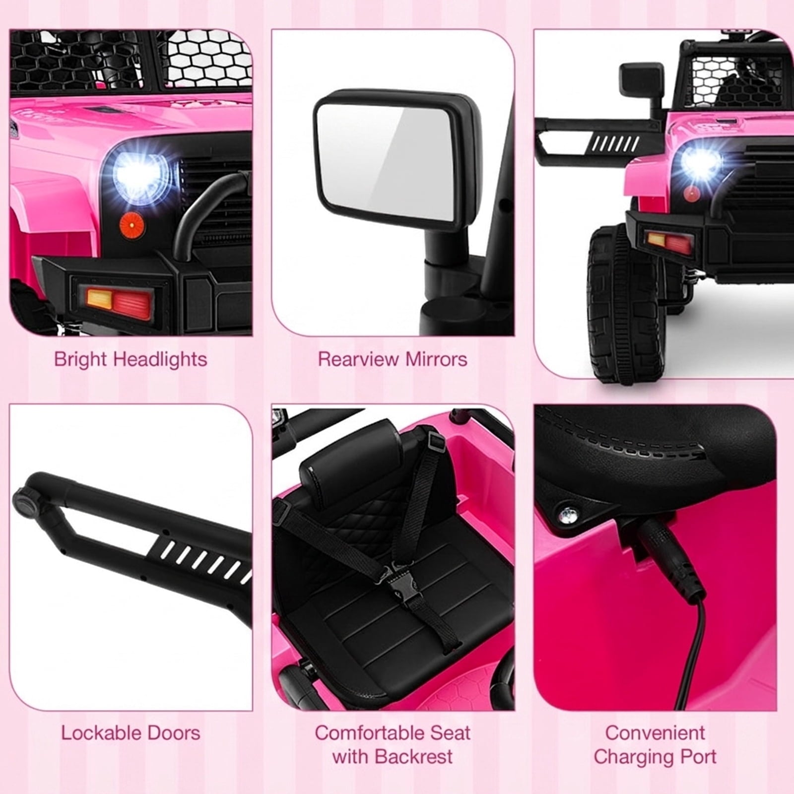 Redsmile 12V Kids Ride On Truck with Parental Remote Control, Battery Powered Electric Pickup with LED Headlights, Seat Belt, Lockable Doors, USB AUX, Spring Suspension Wheels, Pink