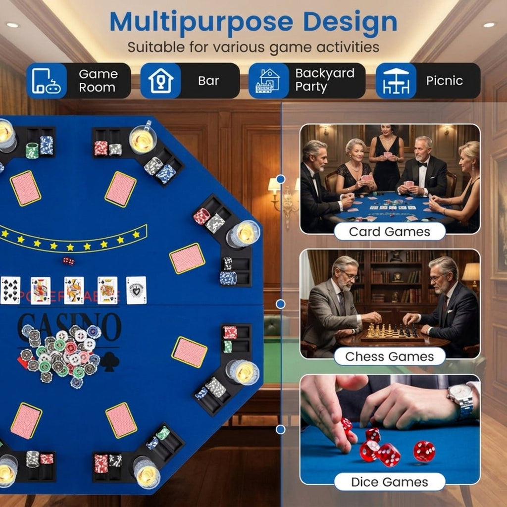 Redsmile 48 Inch 8-Player Foldable Poker Table Top with Carrying Bag, Portable Round Card Game Table Topper with 8 Cup Holders and Chip Trays for Texas Holdem Home Party, Blue