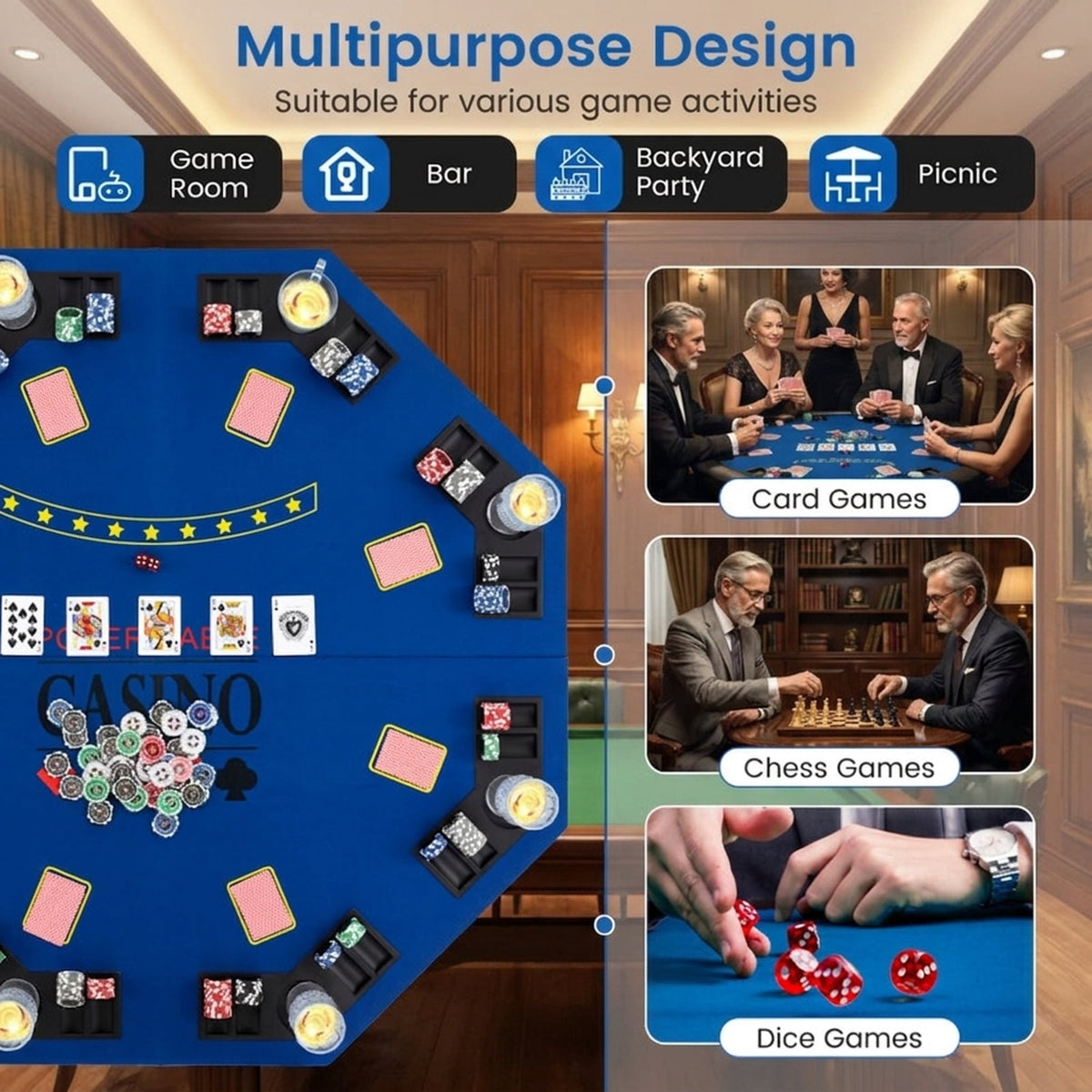 Redsmile 48 Inch 8-Player Foldable Poker Table Top with Carrying Bag, Portable Round Card Game Table Topper with 8 Cup Holders and Chip Trays for Texas Holdem Home Party, Blue