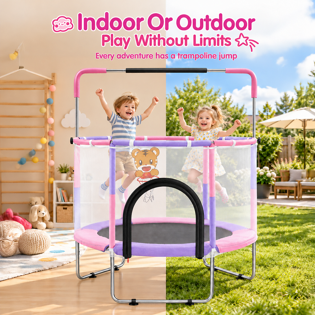 Redsmile 55 Inch Trampoline for Kids with Safety Net, 3-Level Adjustable Height, 500lb Capacity Indoor and Outdoor Jumper with Basketball Hoop for Boys and Girls, Pink